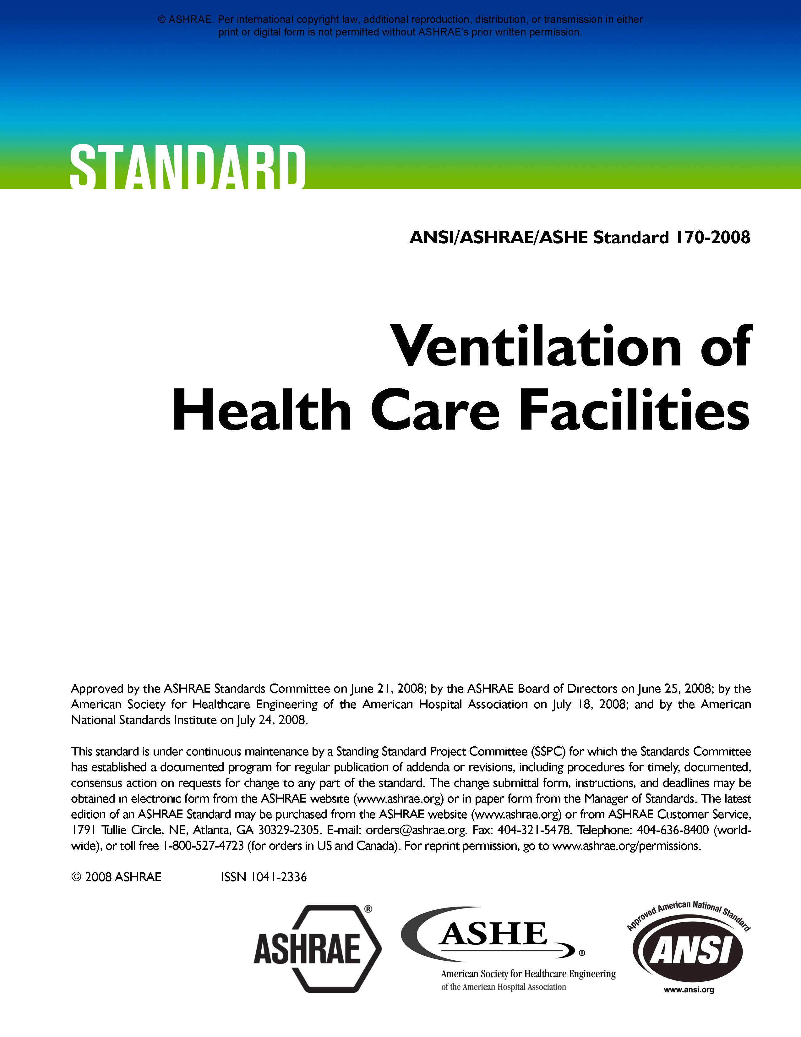 ANSI/ASHRAE/ASHE Standard 170-2008, Ventilation of Health Care Facilities: Digital Edition